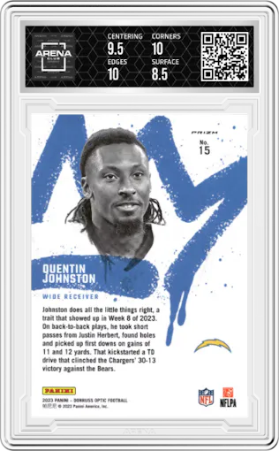 Quentin Johnston from the 2023 Donruss Optic set graded by Arena Club and given an overall grade of 9.
