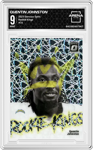 Quentin Johnston from the 2023 Donruss Optic set graded by Arena Club and given an overall grade of 9.