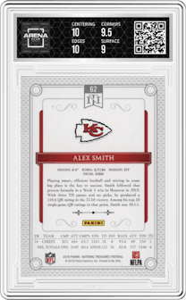 Alex Smith from the 2015 Panini National Treasures set featuring a Gold parallel graded by Arena Club and given an overall grade of 9.5.