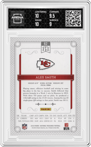 Alex Smith from the 2015 Panini National Treasures set featuring a Gold parallel graded by Arena Club and given an overall grade of 9.5.