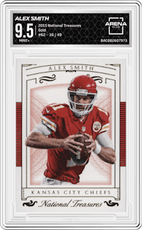 Alex Smith from the 2015 Panini National Treasures set featuring a Gold parallel graded by Arena Club and given an overall grade of 9.5.