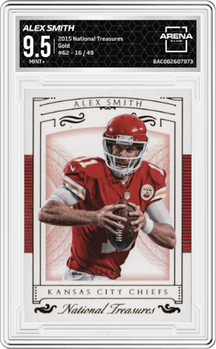 Alex Smith from the 2015 Panini National Treasures set featuring a Gold parallel graded by Arena Club and given an overall grade of 9.5.