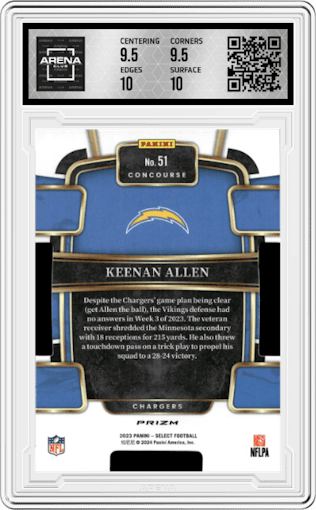Keenan Allen from the 2023 Panini Select set featuring a Die-Cut Zebra Prizm parallel graded by Arena Club and given an overall grade of 10.