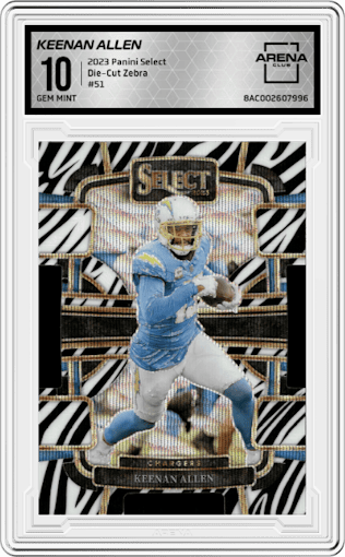 Keenan Allen from the 2023 Panini Select set featuring a Die-Cut Zebra Prizm parallel graded by Arena Club and given an overall grade of 10.