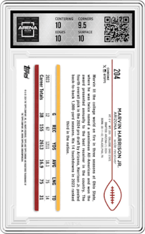 Marvin Harrison Jr.  from the 2024 Topps Chrome set featuring a Sepia Refractor parallel graded by Arena Club and given an overall grade of 10.