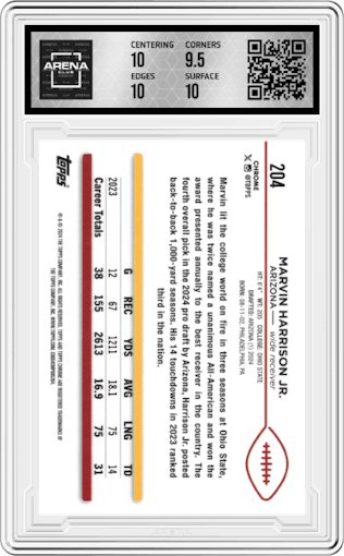 Marvin Harrison Jr.  from the 2024 Topps Chrome set featuring a Sepia Refractor parallel graded by Arena Club and given an overall grade of 10.