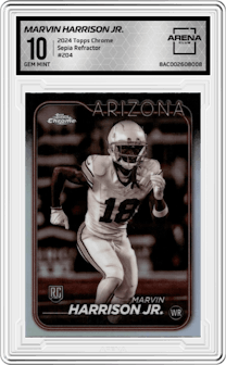 Marvin Harrison Jr.  from the 2024 Topps Chrome set featuring a Sepia Refractor parallel graded by Arena Club and given an overall grade of 10.