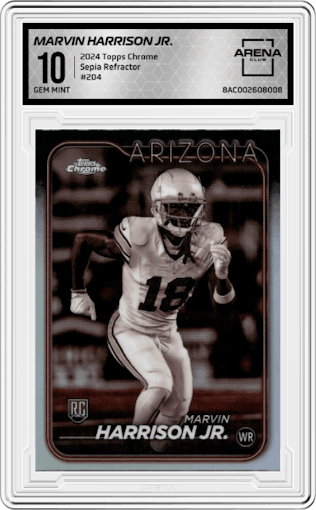 Marvin Harrison Jr.  from the 2024 Topps Chrome set featuring a Sepia Refractor parallel graded by Arena Club and given an overall grade of 10.