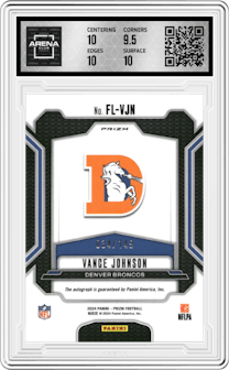 Vance Johnson from the 2024 Panini Prizm set graded by Arena Club and given an overall grade of 10.