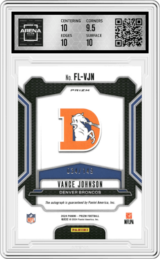 Vance Johnson from the 2024 Panini Prizm set graded by Arena Club and given an overall grade of 10.