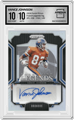 Vance Johnson from the 2024 Panini Prizm set graded by Arena Club and given an overall grade of 10.