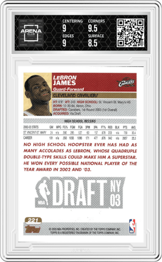 LeBron James from the 2003-04 Topps set graded by Arena Club and given an overall grade of 9.