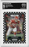 Travis Kelce from the 2023 Panini Prizm set featuring a Black/White Checker parallel graded by Arena Club and given an overall grade of 9.