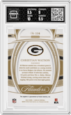 Christian Watson from the 2022 Panini Flawless set featuring a Sapphire parallel graded by Arena Club and given an overall grade of 9.5.