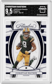 Christian Watson from the 2022 Panini Flawless set featuring a Sapphire parallel graded by Arena Club and given an overall grade of 9.5.