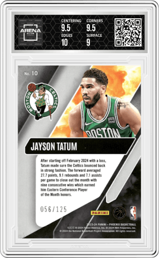 Jayson Tatum from the 2023-24 Panini Phoenix set featuring a Red parallel graded by Arena Club and given an overall grade of 9.5.