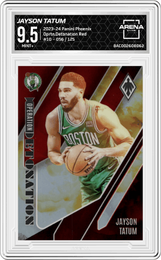 Jayson Tatum from the 2023-24 Panini Phoenix set featuring a Red parallel graded by Arena Club and given an overall grade of 9.5.