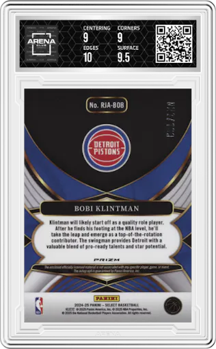 Bobi Klintman from the 2024-25 Panini Select set graded by Arena Club and given an overall grade of 9.5.