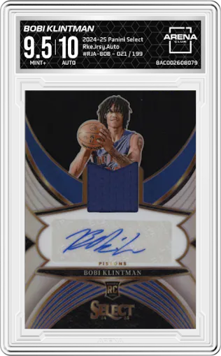 Bobi Klintman from the 2024-25 Panini Select set graded by Arena Club and given an overall grade of 9.5.