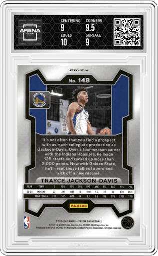 Trayce Jackson-Davis from the 2023-24 Panini Prizm set featuring a Silver Prizm  parallel graded by Arena Club and given an overall grade of 9.5.