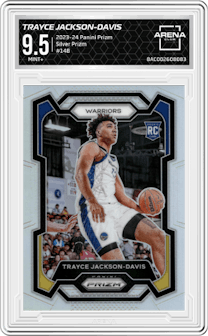 Trayce Jackson-Davis from the 2023-24 Panini Prizm set featuring a Silver Prizm  parallel graded by Arena Club and given an overall grade of 9.5.