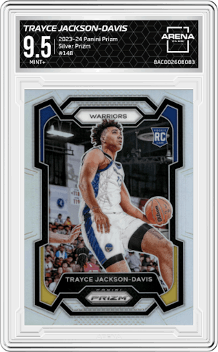 Trayce Jackson-Davis from the 2023-24 Panini Prizm set featuring a Silver Prizm  parallel graded by Arena Club and given an overall grade of 9.5.