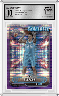 KJ Simpson from the 2024-25 Topps Chrome set featuring a Purple Sonar Refractor parallel graded by Arena Club and given an overall grade of 10.