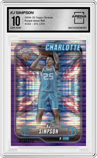 KJ Simpson from the 2024-25 Topps Chrome set featuring a Purple Sonar Refractor parallel graded by Arena Club and given an overall grade of 10.