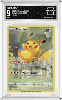 Pikachu from the 2023 Pokemon SWSH set graded by Arena Club and given an overall grade of 9.