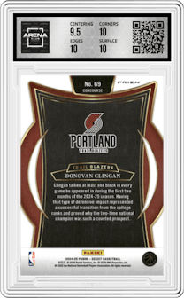 Donovan Clingan from the 2024-25 Panini Select set featuring a  Silver Prizm parallel graded by Arena Club and given an overall grade of 10.