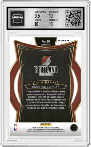 Donovan Clingan from the 2024-25 Panini Select set featuring a  Silver Prizm parallel graded by Arena Club and given an overall grade of 10.