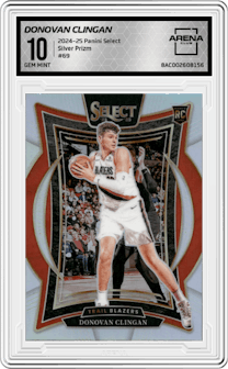 Donovan Clingan from the 2024-25 Panini Select set featuring a  Silver Prizm parallel graded by Arena Club and given an overall grade of 10.