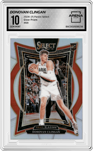 Donovan Clingan from the 2024-25 Panini Select set featuring a  Silver Prizm parallel graded by Arena Club and given an overall grade of 10.