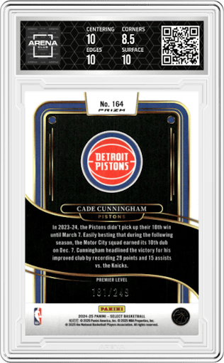 Cade Cunningham from the 2024-25 Panini Select set featuring a Red Scope Prizm parallel graded by Arena Club and given an overall grade of 9.