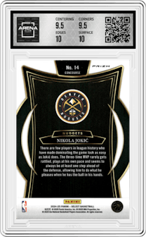 Nikola Jokic from the 2024-25 Panini Select set featuring a Tri-Color Prizm parallel graded by Arena Club and given an overall grade of 10.
