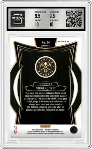 Nikola Jokic from the 2024-25 Panini Select set featuring a Tri-Color Prizm parallel graded by Arena Club and given an overall grade of 10.