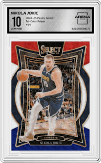 Nikola Jokic from the 2024-25 Panini Select set featuring a Tri-Color Prizm parallel graded by Arena Club and given an overall grade of 10.