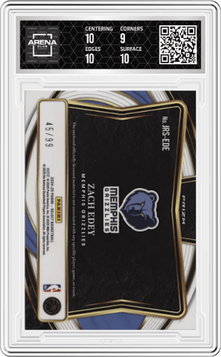 Zach Edey from the 2024-25 Panini Select set featuring a Purple Prizm parallel graded by Arena Club and given an overall grade of 9.5.