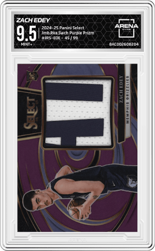 Zach Edey from the 2024-25 Panini Select set featuring a Purple Prizm parallel graded by Arena Club and given an overall grade of 9.5.