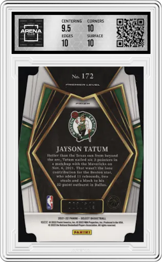 Jayson Tatum from the 2021-22 Panini Select set featuring a Die-Cut Blue   parallel graded by Arena Club and given an overall grade of 10.