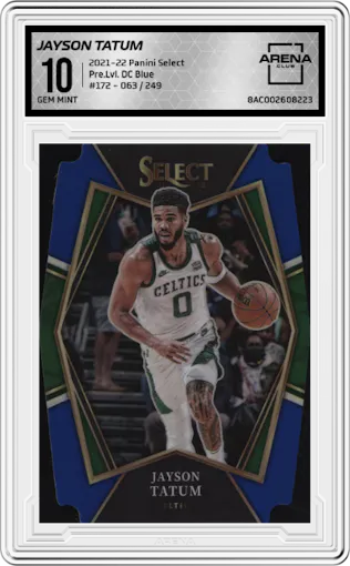 Jayson Tatum from the 2021-22 Panini Select set featuring a Die-Cut Blue   parallel graded by Arena Club and given an overall grade of 10.