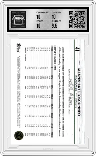 Giannis Antetokounmpo from the 2024-25 Topps Chrome set featuring a Orange Geometric Refractor  parallel graded by Arena Club and given an overall grade of 10.
