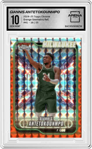 Giannis Antetokounmpo from the 2024-25 Topps Chrome set featuring a Orange Geometric Refractor  parallel graded by Arena Club and given an overall grade of 10.