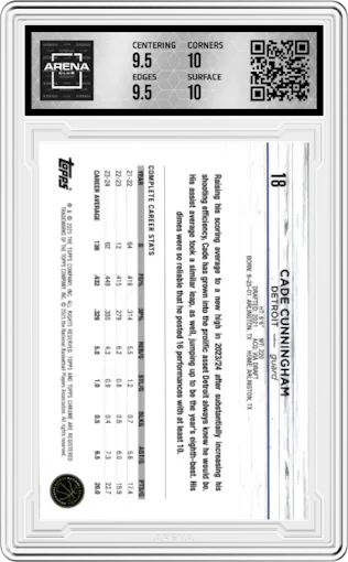 Cade Cunningham from the 2024-25 Topps Chrome set featuring a Blue Lava Ref. parallel graded by Arena Club and given an overall grade of 10.