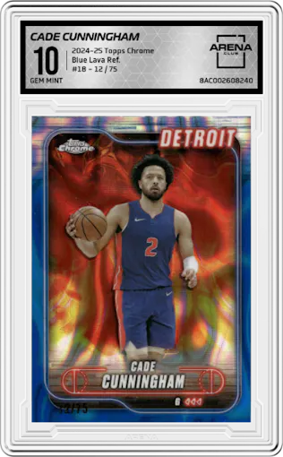 Cade Cunningham from the 2024-25 Topps Chrome set featuring a Blue Lava Ref. parallel graded by Arena Club and given an overall grade of 10.