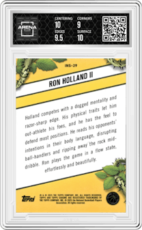 Ron Holland II from the 2024-25 Topps Chrome set featuring a Green Refractor parallel graded by Arena Club and given an overall grade of 9.5.