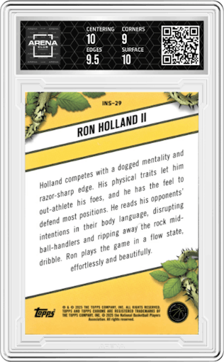 Ron Holland II from the 2024-25 Topps Chrome set featuring a Green Refractor parallel graded by Arena Club and given an overall grade of 9.5.