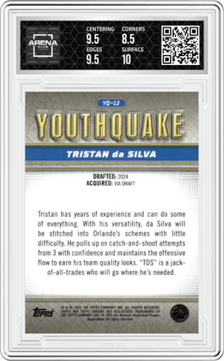 Tristan Da Silva from the 2024-25 Topps Chrome set featuring a Gold Refractor parallel graded by Arena Club and given an overall grade of 9.