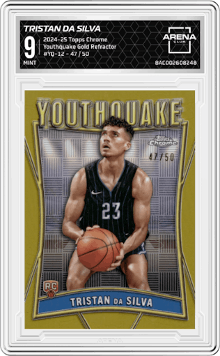 Tristan Da Silva from the 2024-25 Topps Chrome set featuring a Gold Refractor parallel graded by Arena Club and given an overall grade of 9.