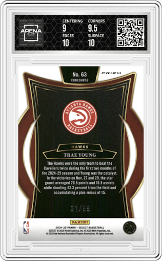 Trae Young from the 2024-25 Panini Select set featuring a Blue Camo Prizm parallel graded by Arena Club and given an overall grade of 9.5.